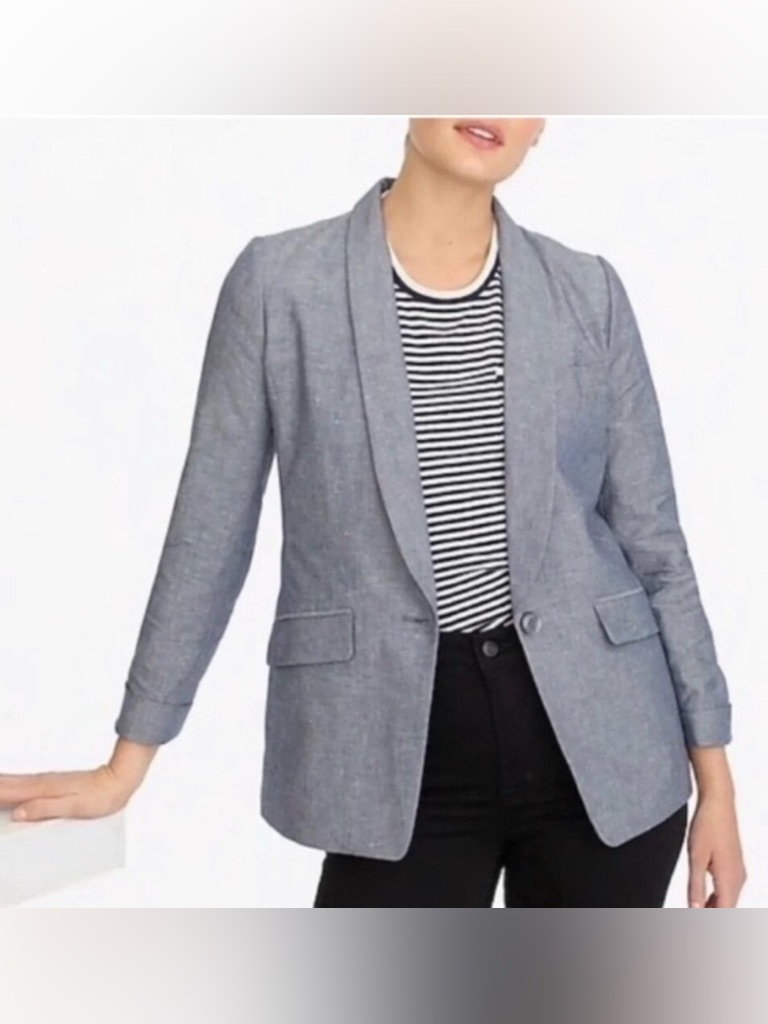 Women's Blue Chambray Linen Relaxed Shawl Collar Blazer Jacket